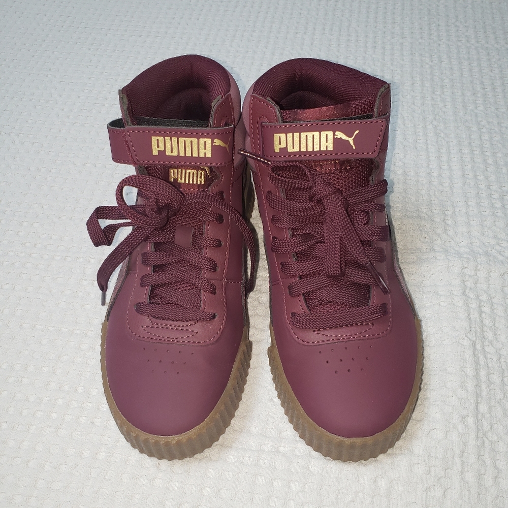 PUMA WOMENS CARINA MID TOP SNEAKER - BURGUNDY and TAN